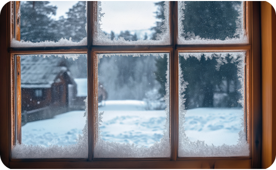 frozen window showing snow outside