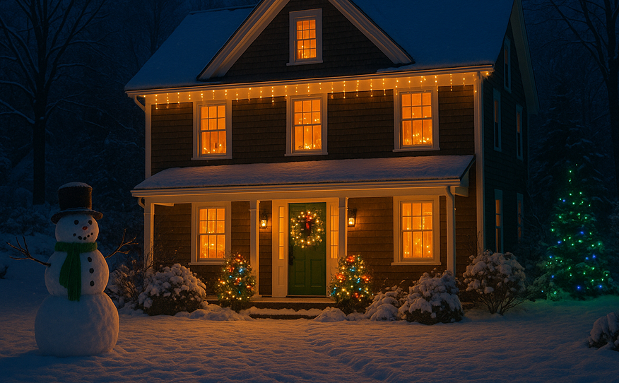 A two-story house decorated with warm yellow holiday lights and a wreath on the front door, surrounded by snow. A snowman stands in the yard, and two small lit trees flank the entrance.